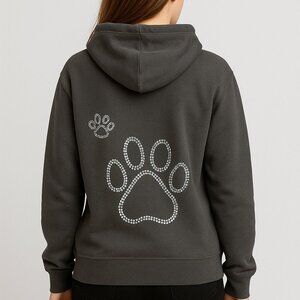 Cute Paw Print Women’s Hoodie with Sparkle Detail Cozy Gray Dog Lover Sweatshirt
